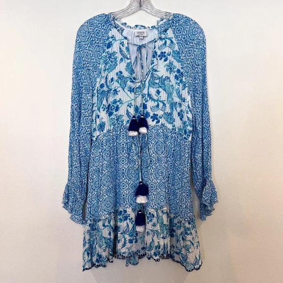 Hemant & Nandita Blue Metallic Striped Floral Tassle Bohemian Mini Dress Medium - Picture 2 of 11